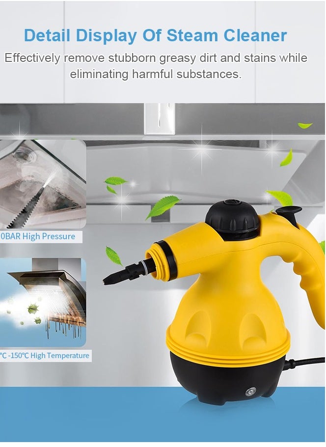 Handheld Steam Cleaner for home, Steamer for Cleaning, Multipurpose Portable Steam Cleaners Use with Safety Lock and 10 Accessory Kit to Remove Grime, Grease, More, Save Time and Effort Yellow