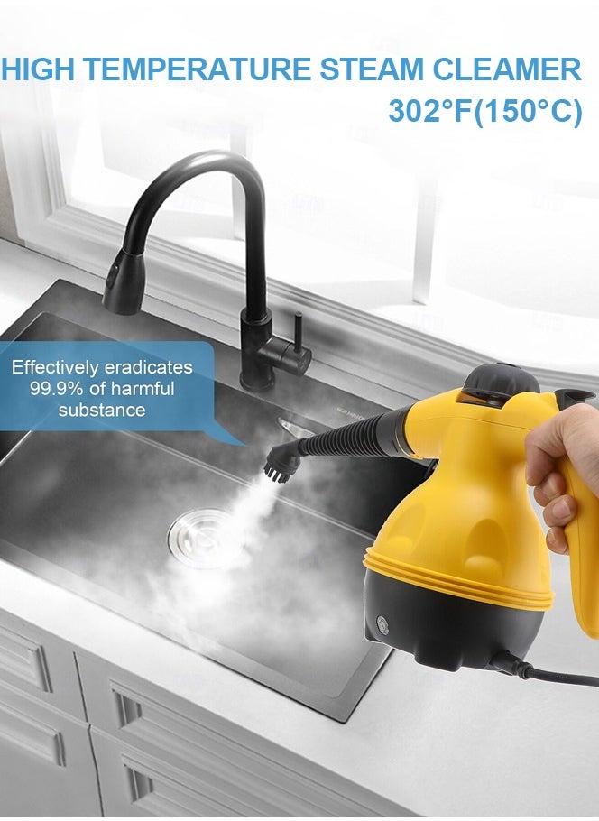 Handheld Steam Cleaner for home, Steamer for Cleaning, Multipurpose Portable Steam Cleaners Use with Safety Lock and 10 Accessory Kit to Remove Grime, Grease, More, Save Time and Effort Yellow