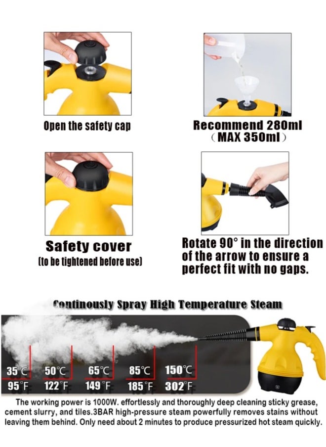 Handheld Steam Cleaner for home, Steamer for Cleaning, Multipurpose Portable Steam Cleaners Use with Safety Lock and 10 Accessory Kit to Remove Grime, Grease, More, Save Time and Effort Yellow