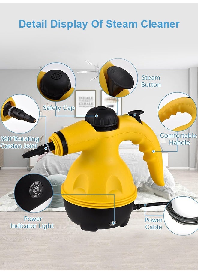 Handheld Steam Cleaner for home, Steamer for Cleaning, Multipurpose Portable Steam Cleaners Use with Safety Lock and 10 Accessory Kit to Remove Grime, Grease, More, Save Time and Effort Yellow