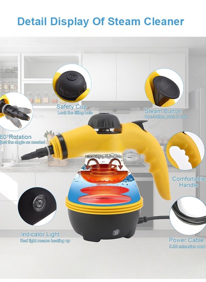 Handheld Steam Cleaner for home, Steamer for Cleaning, Multipurpose Portable Steam Cleaners Use with Safety Lock and 10 Accessory Kit to Remove Grime, Grease, More, Save Time and Effort Yellow