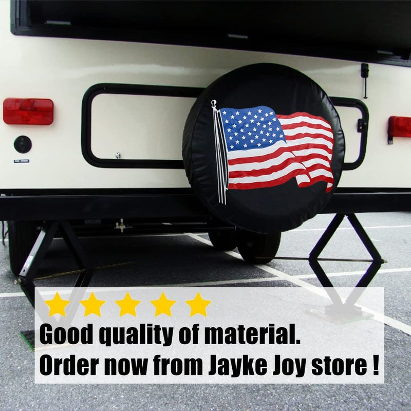 Jayke Joy غطاء إطار احتياطي، غطاء عجلة أسود مع علم الولايات المتحدة الأمريكية من جلد PVC مقاوم للماء والغبار يناسب بشكل عالمي لجيب، مقطورة، RV، SUV، مخيم ومركبة (16 بوصة) - Image 5