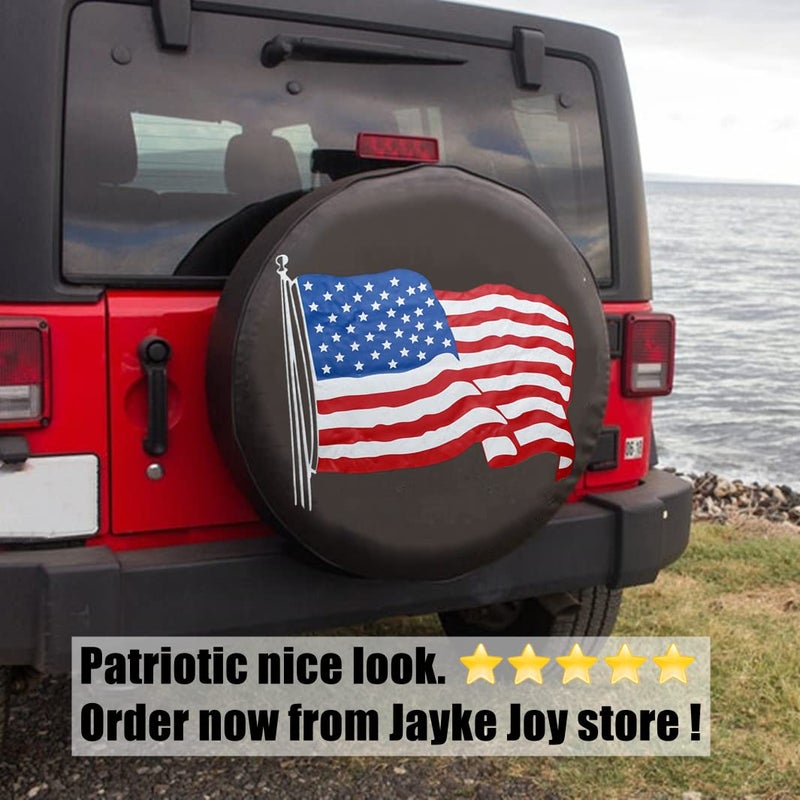 Jayke Joy غطاء إطار احتياطي، غطاء عجلة أسود مع علم الولايات المتحدة الأمريكية من جلد PVC مقاوم للماء والغبار يناسب بشكل عالمي لجيب، مقطورة، RV، SUV، مخيم ومركبة (16 بوصة) - Image 4