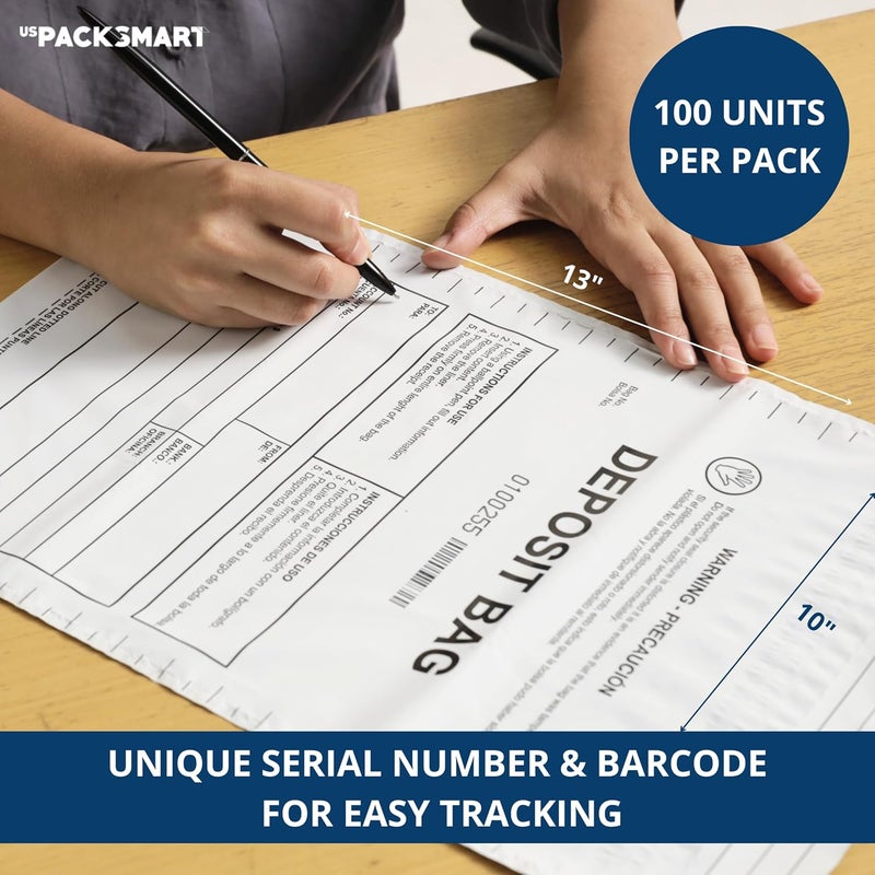 US PACK SMART Opaque Plastic Deposit Bags 10"x13" | Secure Bank Deposits, Cash Handling or Safe Currency Transportation | Sequential Barcodes | Tamper-Evident, Tear-Off Receipt for Security | 100-Pack - Image 3