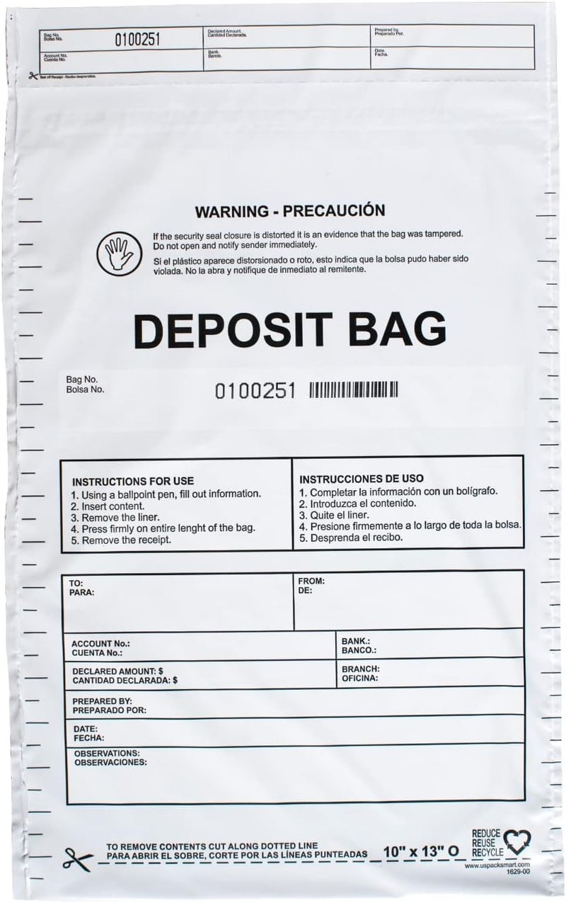 US PACK SMART Opaque Plastic Deposit Bags 10"x13" | Secure Bank Deposits, Cash Handling or Safe Currency Transportation | Sequential Barcodes | Tamper-Evident, Tear-Off Receipt for Security | 100-Pack - Image 1
