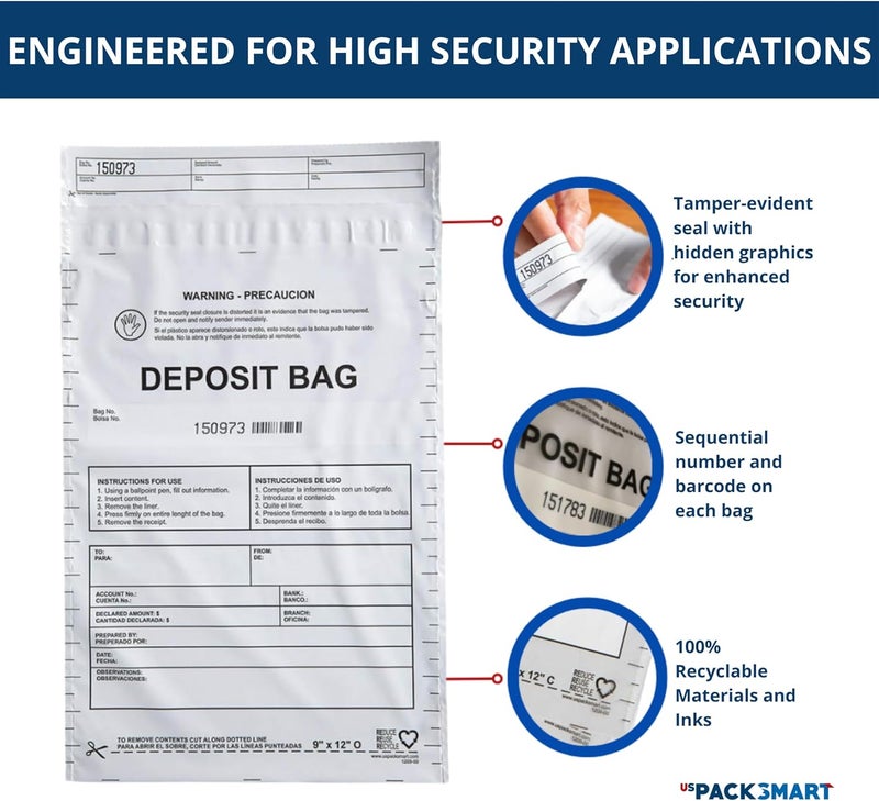 US PACK SMART Opaque Plastic Deposit Bags 10"x13" | Secure Bank Deposits, Cash Handling or Safe Currency Transportation | Sequential Barcodes | Tamper-Evident, Tear-Off Receipt for Security | 100-Pack - Image 2