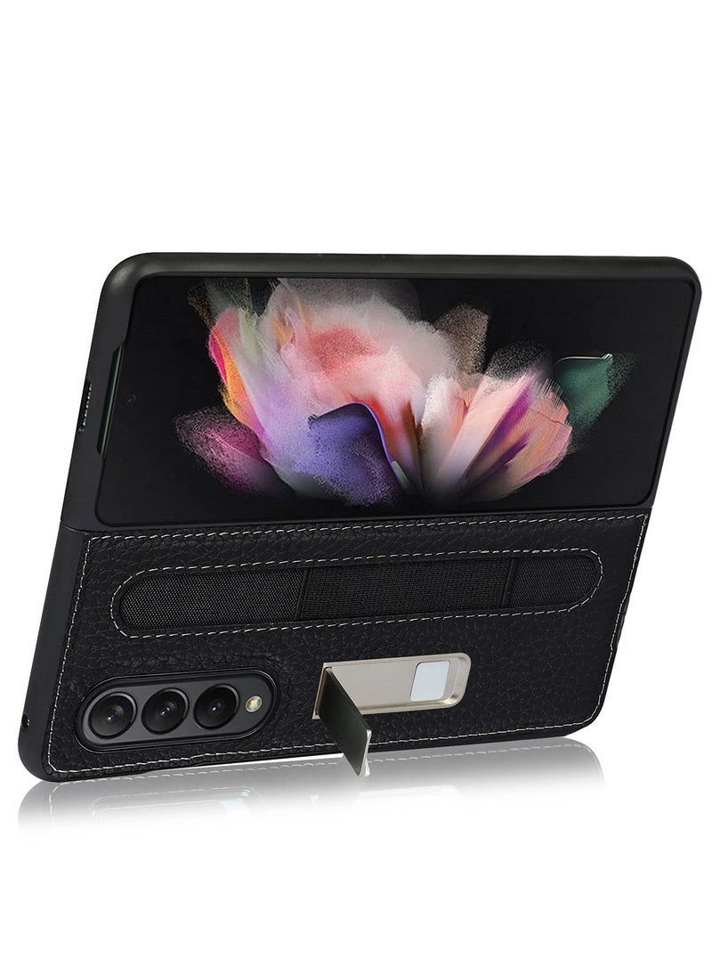 Samsung Galaxy Z Fold 3 Phone Case with S Pen Holder, Stand Function, Drop Resistant, Lychee Pattern (Black with Pen Slot)  - Image 3