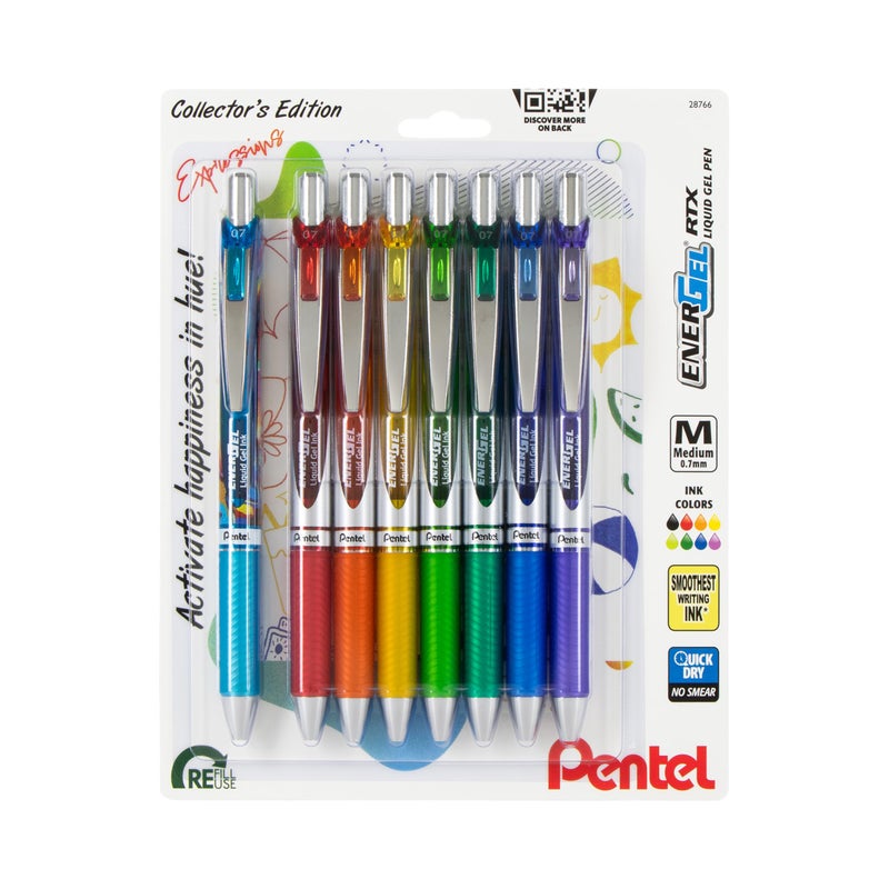 Pentel قلم جل سائل قابل للسحب من بنتل إنرجل RTX، مجموعة تعبيرات السعادة، 0.7 مم، طرف معدني، خط متوسط، حبر متنوع، عبوة من 8 أقلام (BL77XHAPBP8M) - Image 1