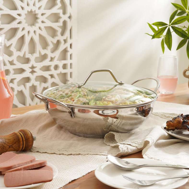 مقلاة كاداي من الفولاذ المقاوم للصدأ مع غطاء - 28 سم