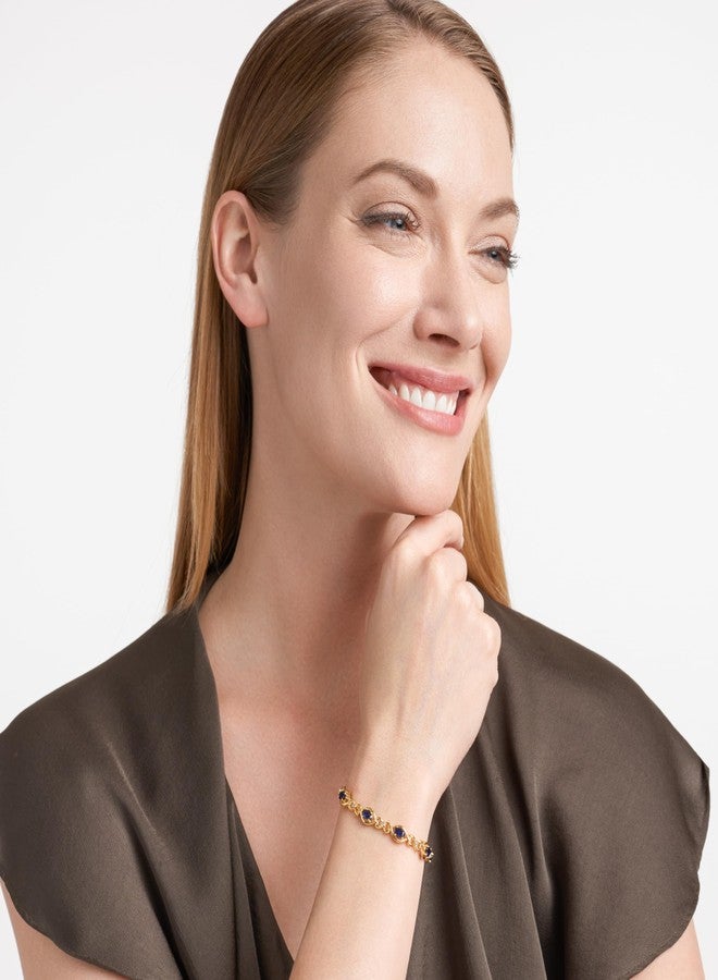 مورجان آند بايدج سوار تنس نسائي من مورغان آند بيج، مصنوع من الفضة الإسترليني عيار 925 ومطلي بالذهب الأصفر عيار 18 قيراطًا، مرصع بأحجار الياقوت الأزرق والأبيض - سوار أنيق بتصميم مفتوح مستوحى من رمز اللانهاية، طوله 7.25 بوصة - Image 4