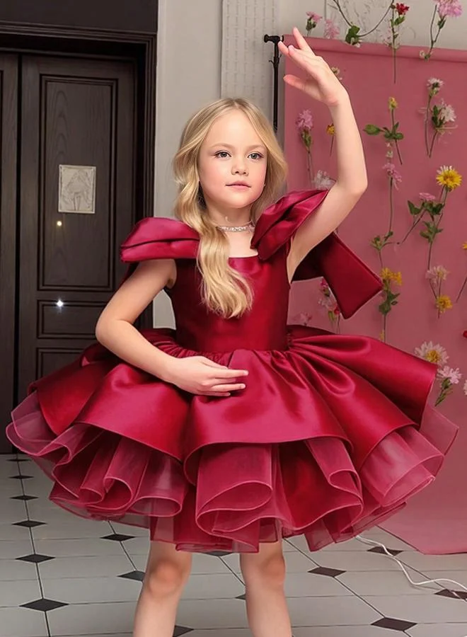 Take Two Girls Burgundy Bow and Ruffle Details A-Line Midi Dress