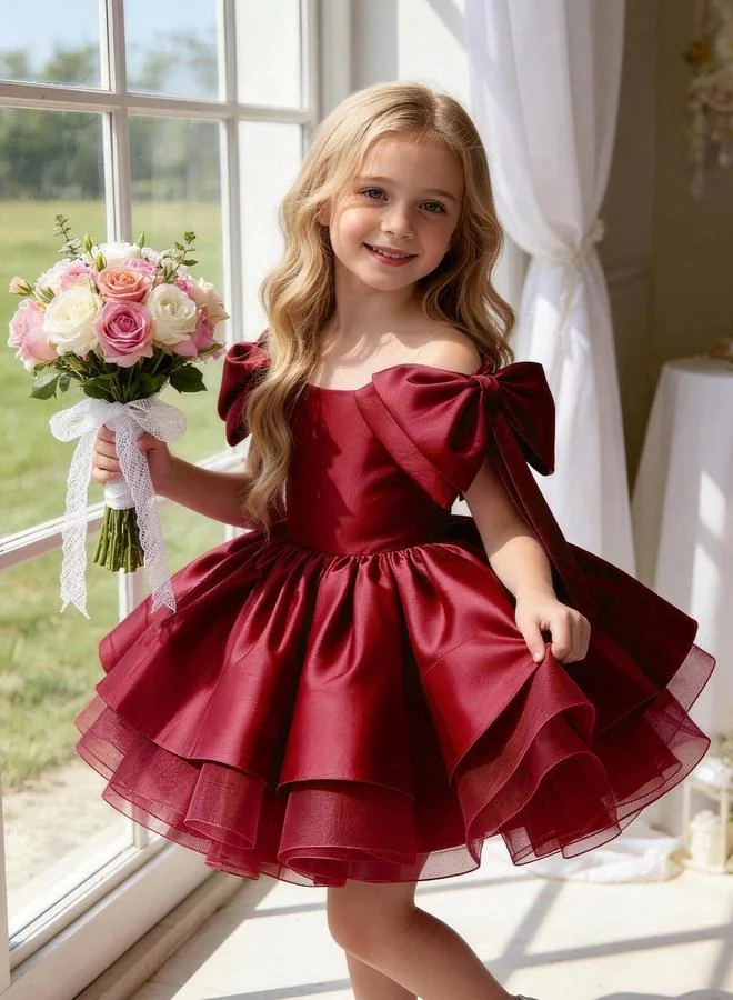 Take Two Girls Burgundy Bow and Ruffle Details A-Line Midi Dress