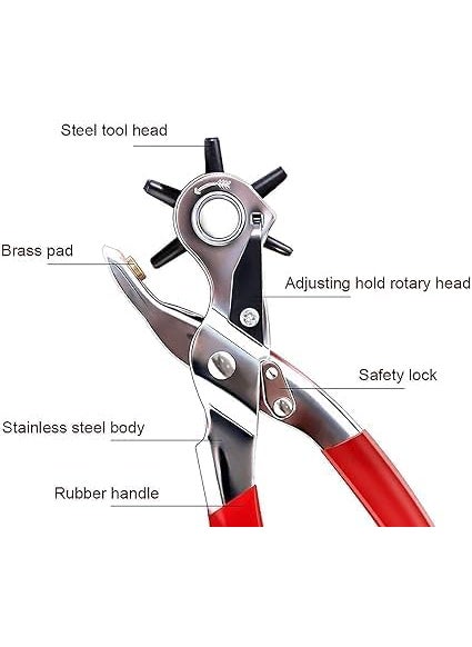 Generic Revolving Leather Punch Pliers or Punching Machine with 6 Hole Sizes for Leather Belts Watch Bands Bags Dog Collars Fabric Craft Projects Leather Puncher BlackRed  - Image 4