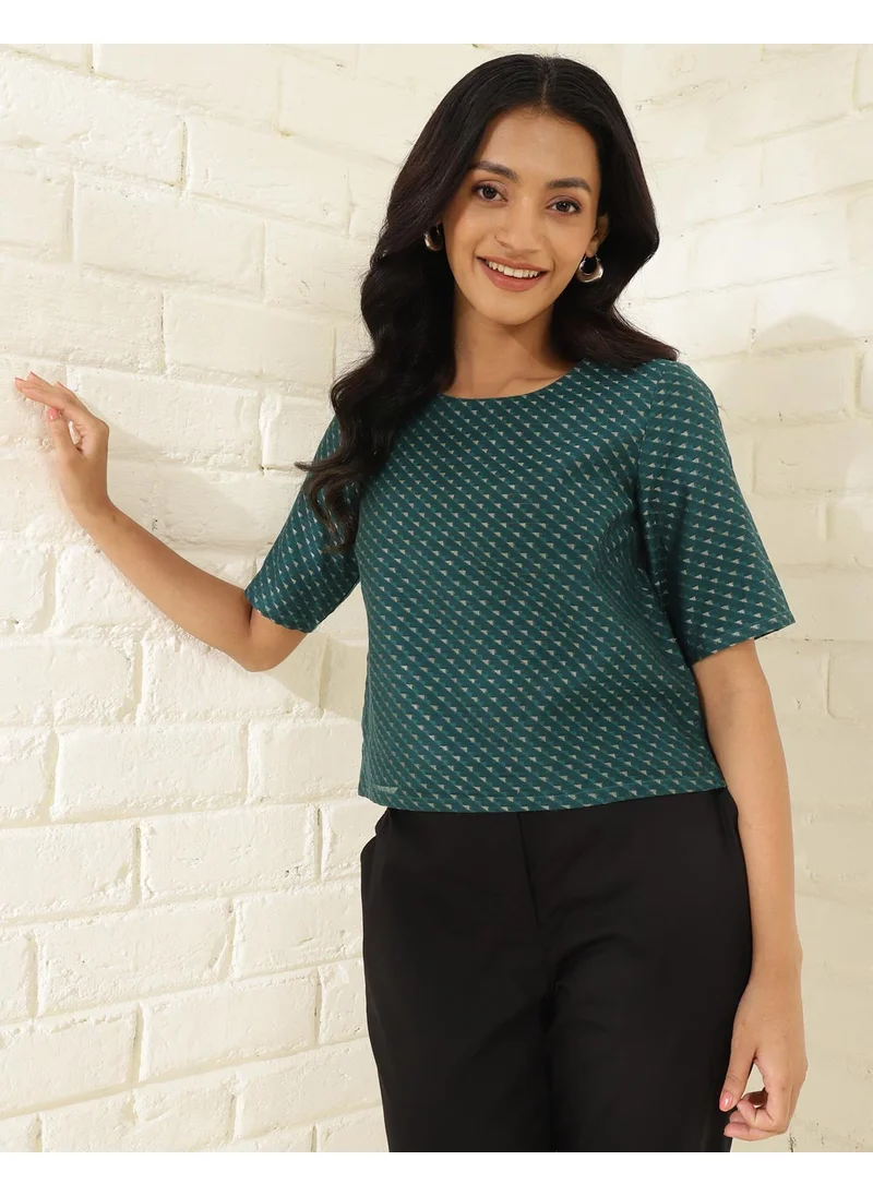 فاب انديا Blue Green Cotton Silk Blend Printed Short Top