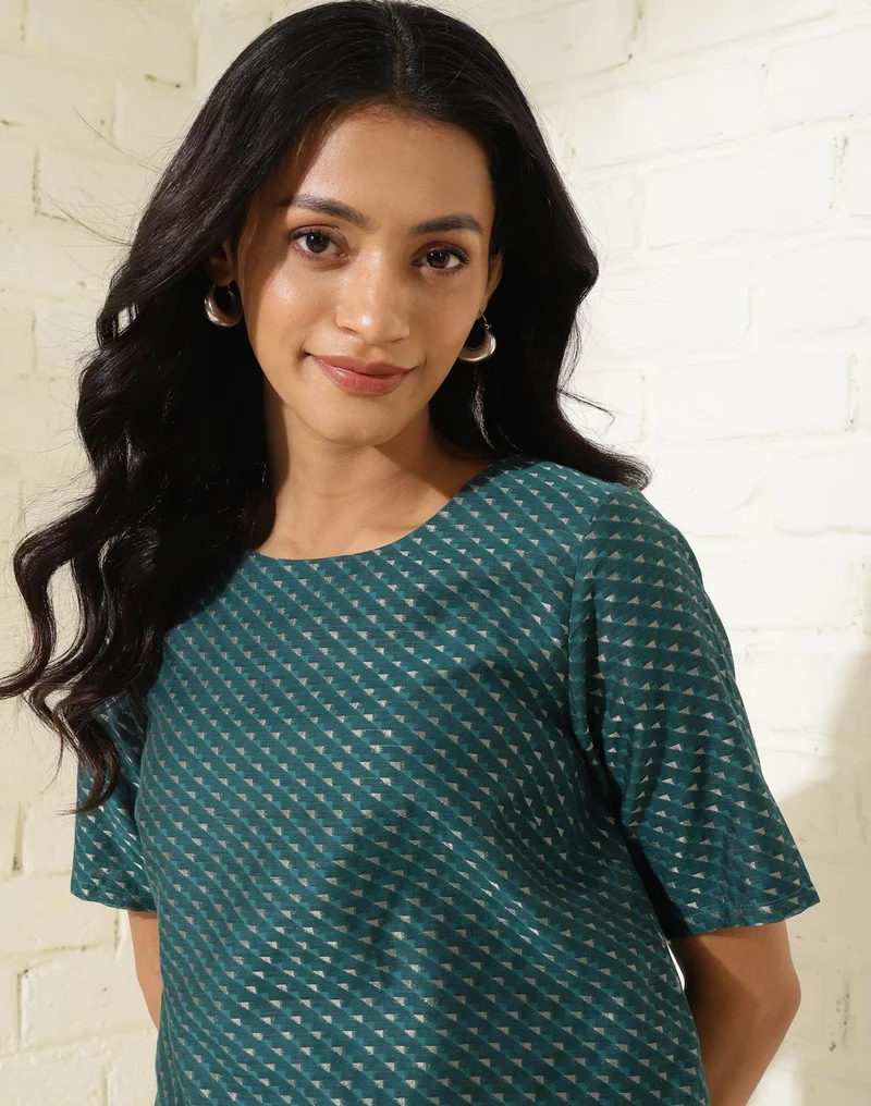 Fabindia Blue Green Cotton Silk Blend Printed Short Top