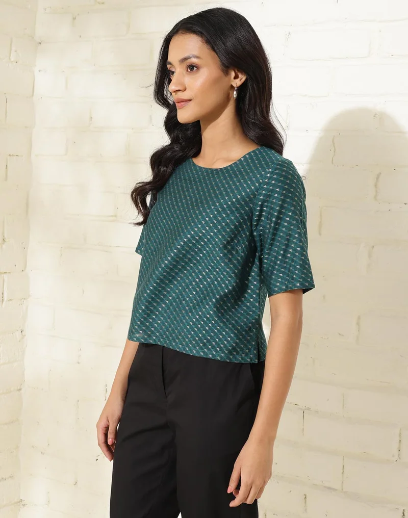Fabindia Blue Green Cotton Silk Blend Printed Short Top