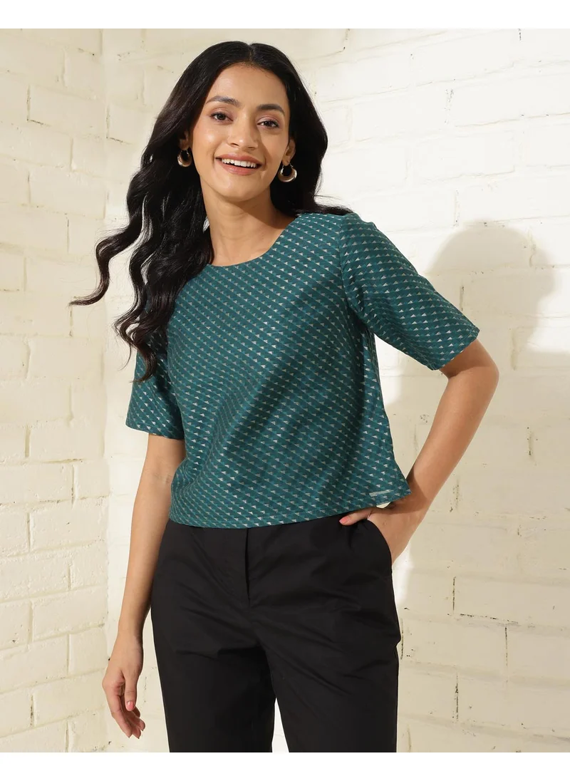 فاب انديا Blue Green Cotton Silk Blend Printed Short Top