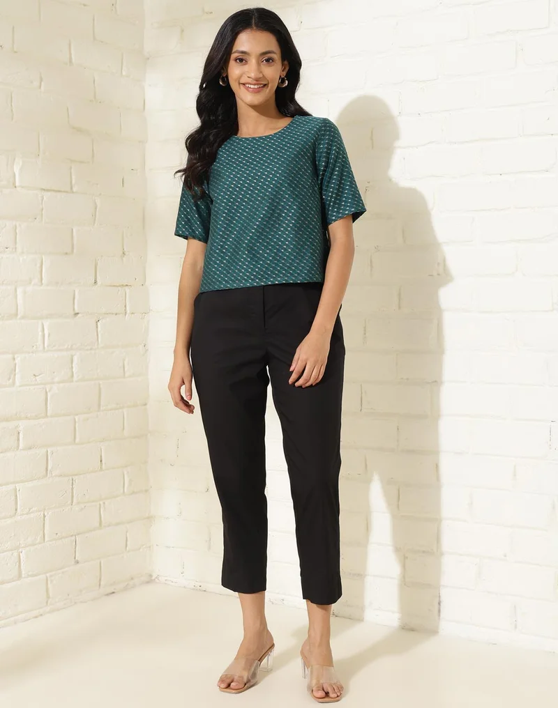 Fabindia Blue Green Cotton Silk Blend Printed Short Top