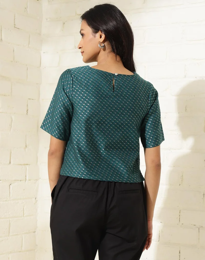 Fabindia Blue Green Cotton Silk Blend Printed Short Top