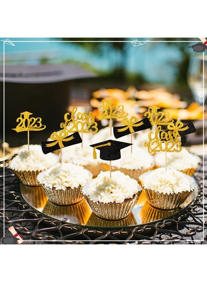 SANNIX 96Pcs Graduation Cupcake Toppers 2023, SANNIX Double-Sided Glitter Graduation Themed Class of 2023 Grad Cap Diploma Cupcake Picks for Graduation Party Decorations 2023 Cake Topper Supplies (Gold) - Image 1