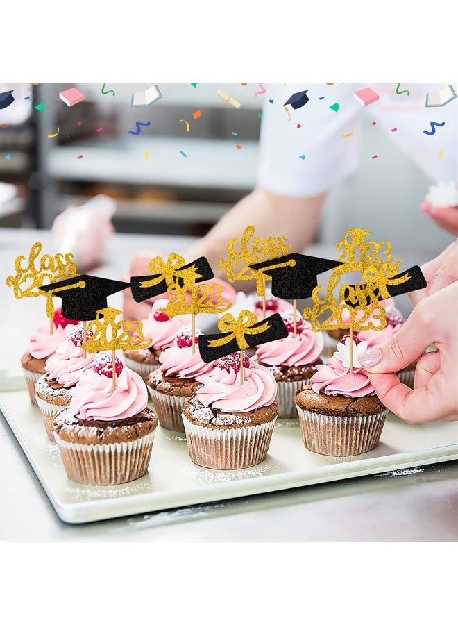 SANNIX 96Pcs Graduation Cupcake Toppers 2023, SANNIX Double-Sided Glitter Graduation Themed Class of 2023 Grad Cap Diploma Cupcake Picks for Graduation Party Decorations 2023 Cake Topper Supplies (Gold) - Image 3
