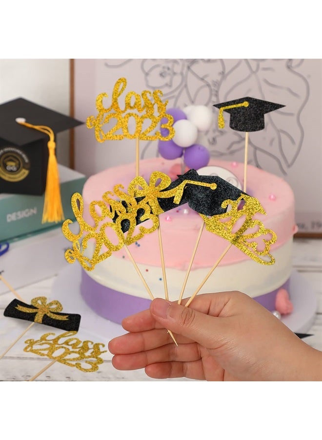 SANNIX 96Pcs Graduation Cupcake Toppers 2023, SANNIX Double-Sided Glitter Graduation Themed Class of 2023 Grad Cap Diploma Cupcake Picks for Graduation Party Decorations 2023 Cake Topper Supplies (Gold) - Image 2