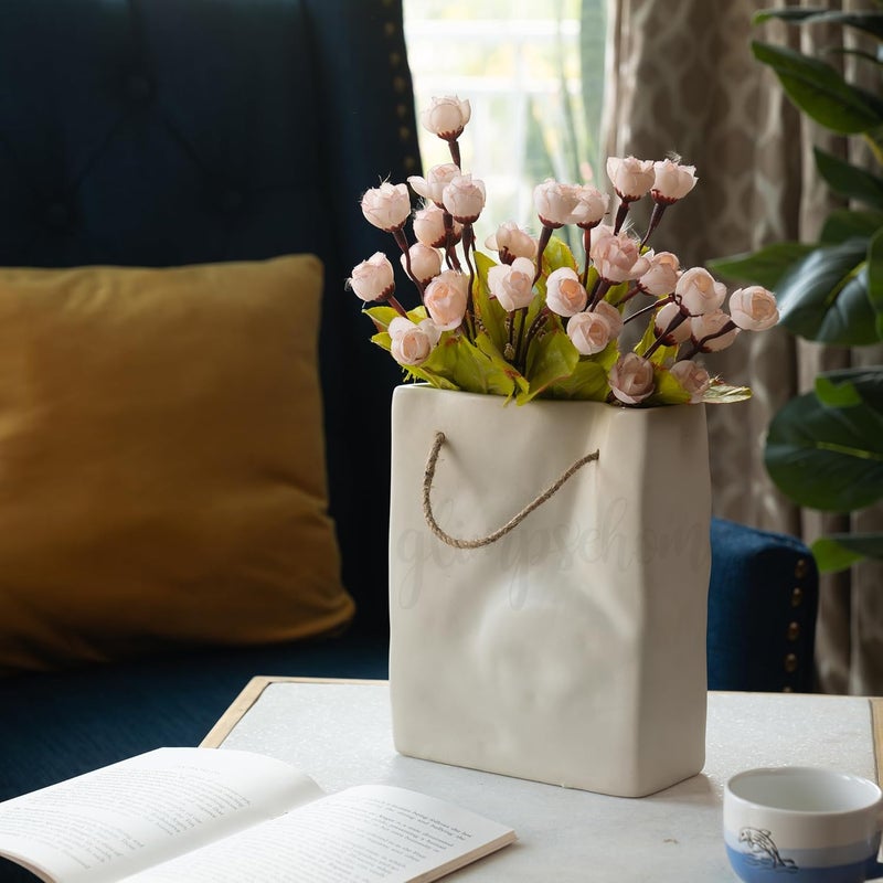 Glimpse Homes Glimpse Homes Crinkled Paper Bag Vase Ceramic Flower Vase Living Room Decor 8 inch Ivory White 
