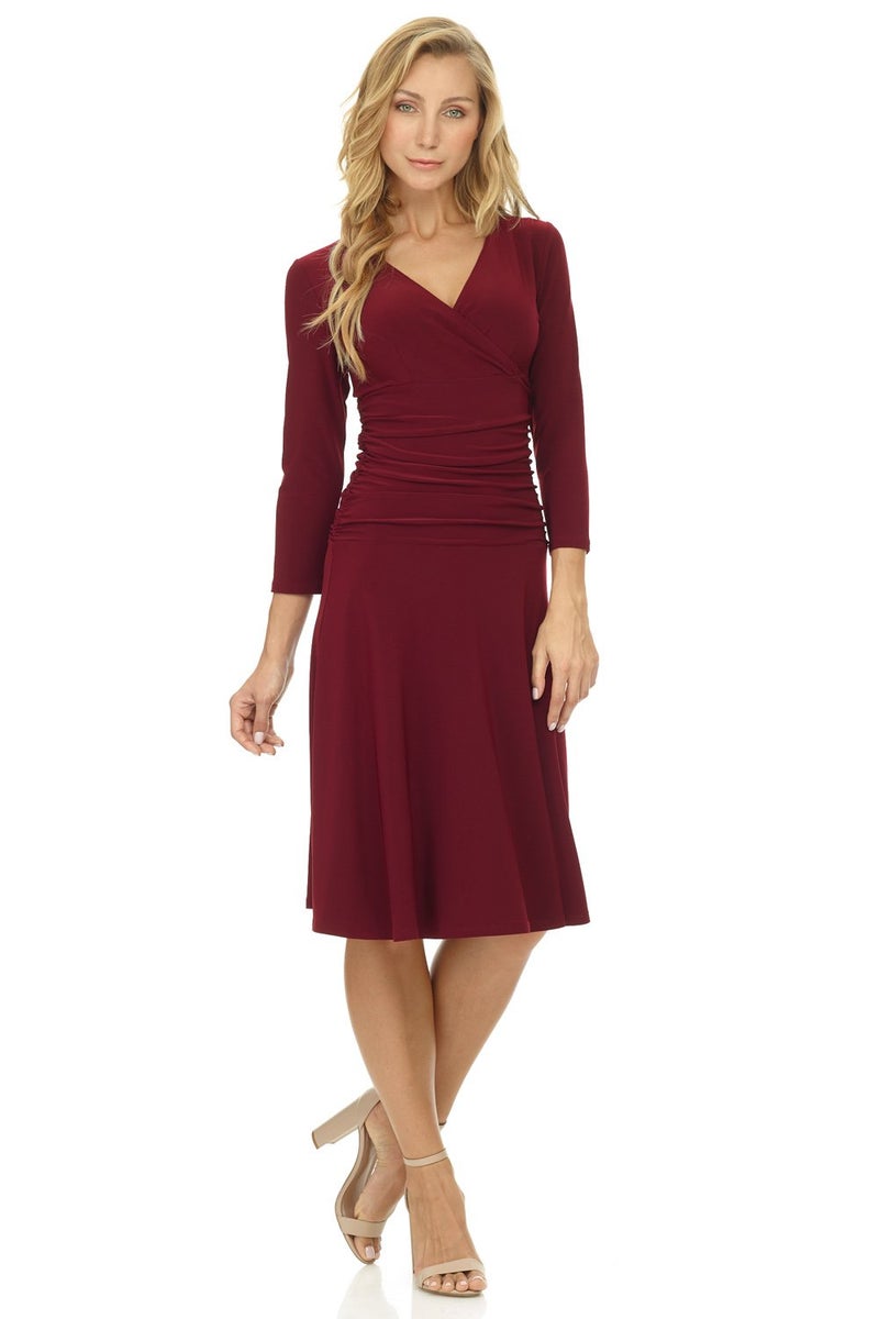 Rekucci Women's Slimming 3/4 Sleeve Fit-and-Flare Crossover Tummy Control Dress (10, Burgundy) - Image 4