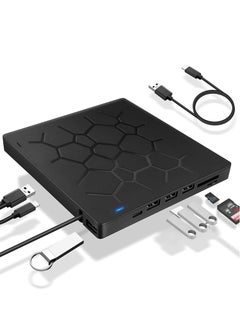 External DVD Drive, USB 3.0 CD DVD Burner for Laptop, Type-C CD/DVD ROM +/-RW Optical Disk Drive with 4 USB Ports and 2 SD Card Slots, Ultra Slim, for Mac, PC Windows 11/10/8/7 Linux OS