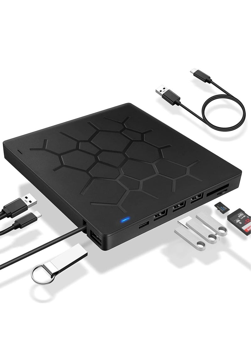 Generic - External DVD Drive, USB 3.0 CD DVD Burner for Laptop, Type-C CD/DVD ROM +/-RW Optical Disk Drive with 4 USB Ports and 2 SD Card Slots, Ultra Slim, for Mac, PC Windows 11/10/8/7 Linux OS - Image 1