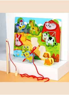 Generic Wooden Magnetic Fishing Game Toys Set with Fish Rod, Cognition Fish Rod Toys Parent-child Interactive Early Educational Toy, Farm Animals  - Image 1