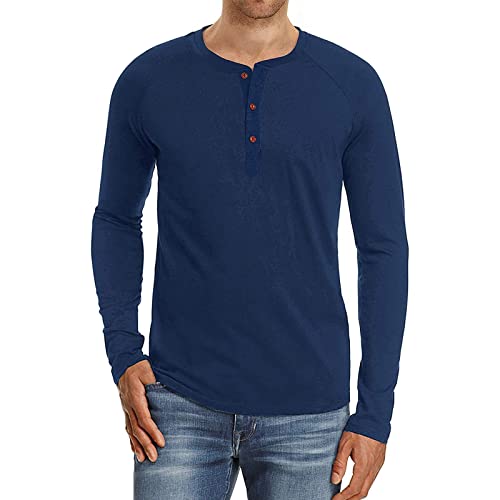 PEGENO Men's Casual Slim Fit Long Sleeve Henley T-Shirts Cotton Shirts (US Medium, A8 Navy Blue) - Image 1