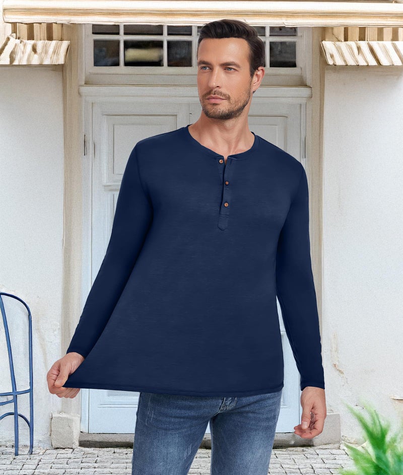 PEGENO Men's Casual Slim Fit Long Sleeve Henley T-Shirts Cotton Shirts (US Medium, A8 Navy Blue) - Image 4