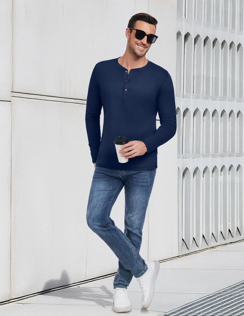 PEGENO Men's Casual Slim Fit Long Sleeve Henley T-Shirts Cotton Shirts (US Medium, A8 Navy Blue) - Image 5