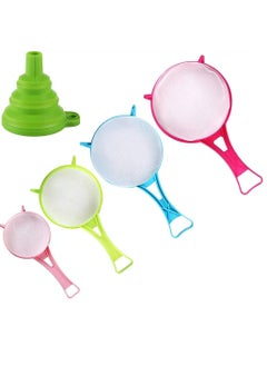 Bukela Plastic Mesh Strainer Colander Set, Food Soy Milk Flour Sieve Plastic Colander Strainer with Long Handle Icing Sugar Sifters Fine Strainer Tea Filter and Silicone Foldable Funnel, 4Pcs, Random Color  - Image 1