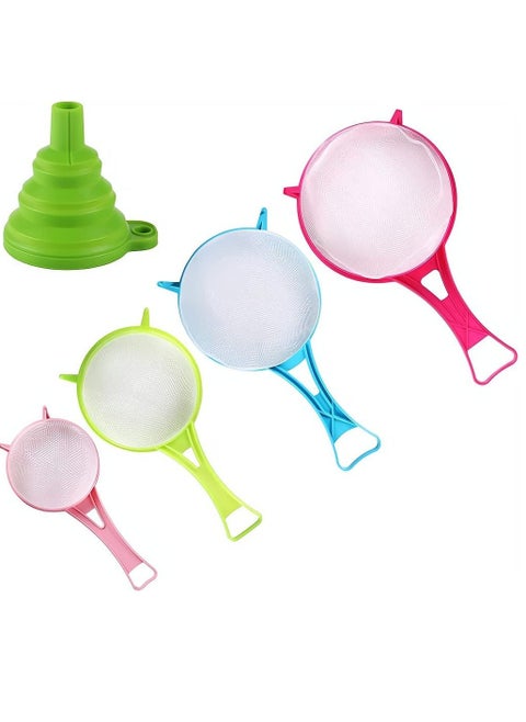 Plastic Mesh Strainer Colander Set, Food Soy Milk Flour Sieve Plastic Colander Strainer with Long Handle Icing Sugar Sifters Fine Strainer Tea Filter and Silicone Foldable Funnel, 4Pcs, Random Color