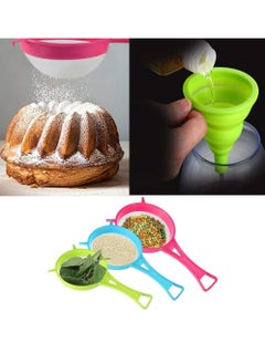 Bukela Plastic Mesh Strainer Colander Set, Food Soy Milk Flour Sieve Plastic Colander Strainer with Long Handle Icing Sugar Sifters Fine Strainer Tea Filter and Silicone Foldable Funnel, 4Pcs, Random Color  - Image 2
