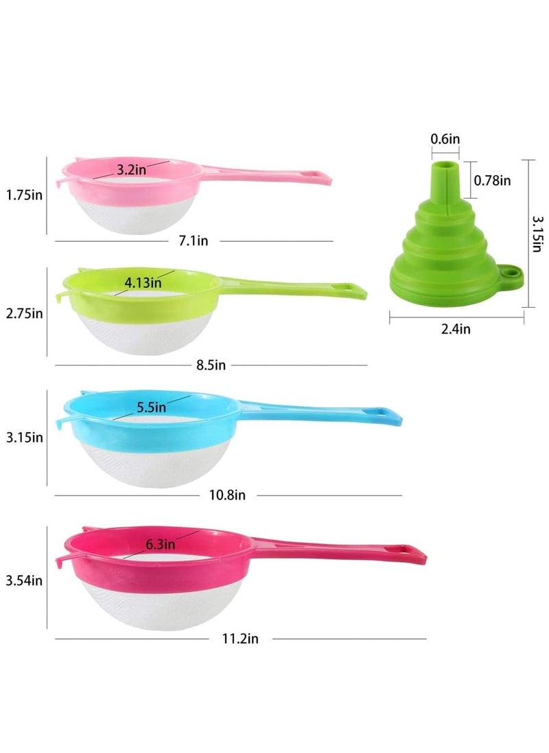 Plastic Mesh Strainer Colander Set, Food Soy Milk Flour Sieve Plastic Colander Strainer with Long Handle Icing Sugar Sifters Fine Strainer Tea Filter and Silicone Foldable Funnel, 4Pcs, Random Color