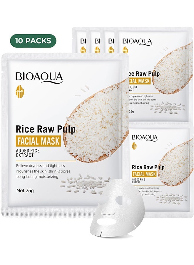 BIOAQUA 10Pcs Rice Raw Pulp Facial Mask, Korean Face Sheet Mask Skincare, Rice Mask, Deep Moisturize, Anti Aging, Wrinkle Hydrating, Firming Anti Aging Face Sheet Masks, Brightening Facial Mask For All Skin Types - Image 1