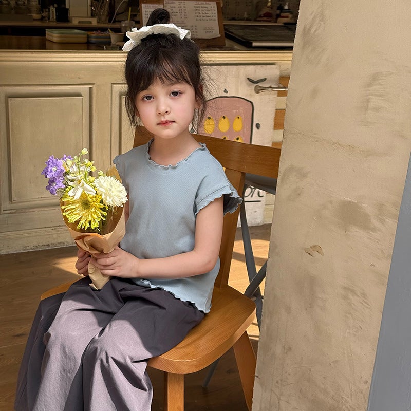 Aimo Beibei Kidsren أنيقة السيدة النقية اللون تي شيرت فتاة الطفل الحلو واللطيف الفطريات الدانتيل سترة أعلى - Image 1