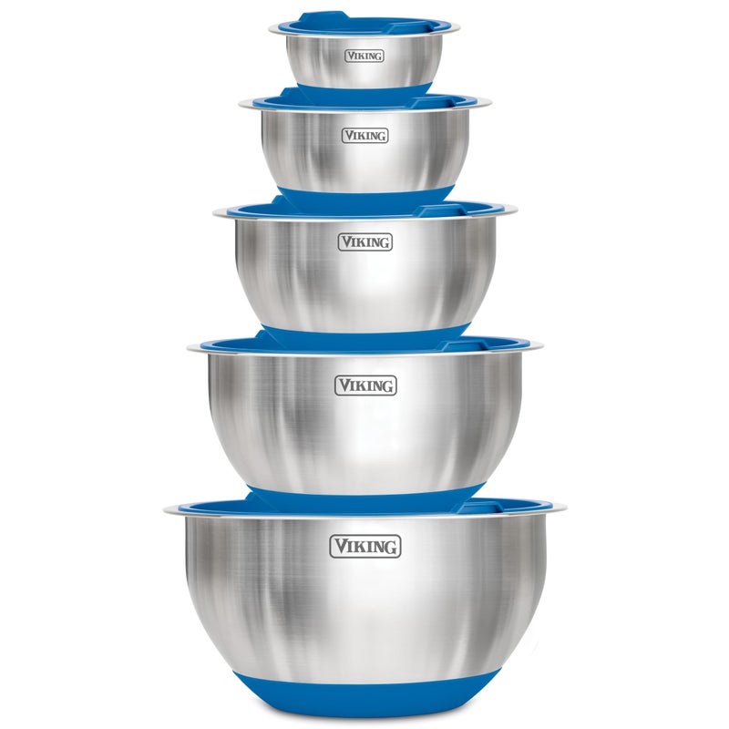 Viking Mixing Bowls Set, 10 Piece Stainless Steel Kitchen Cookware, Non-Slip Silicone Base, Includes Tight Fit Lids, Dishwasher Safe, Blue - Image 1