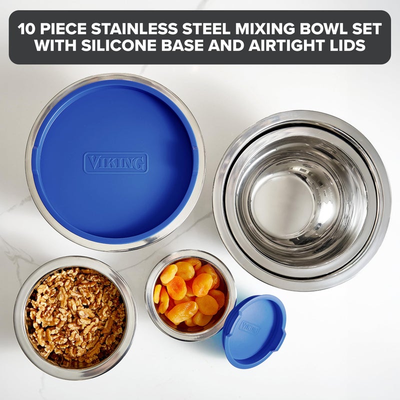 Viking Mixing Bowls Set, 10 Piece Stainless Steel Kitchen Cookware, Non-Slip Silicone Base, Includes Tight Fit Lids, Dishwasher Safe, Blue - Image 2