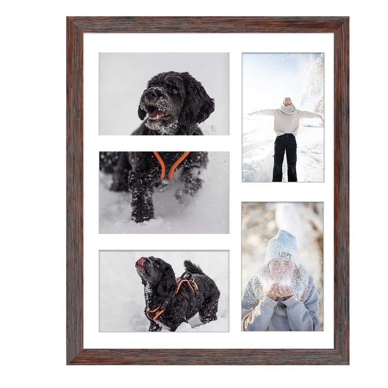 Golden State Art Golden State Art 11x14 Distressed Brown Wood Frame with White Mat  Displays Five 4x6 Photos  Real Glass Sawtooth Hangers Swivel Tabs  Wall Mounting Landscape Portrait 