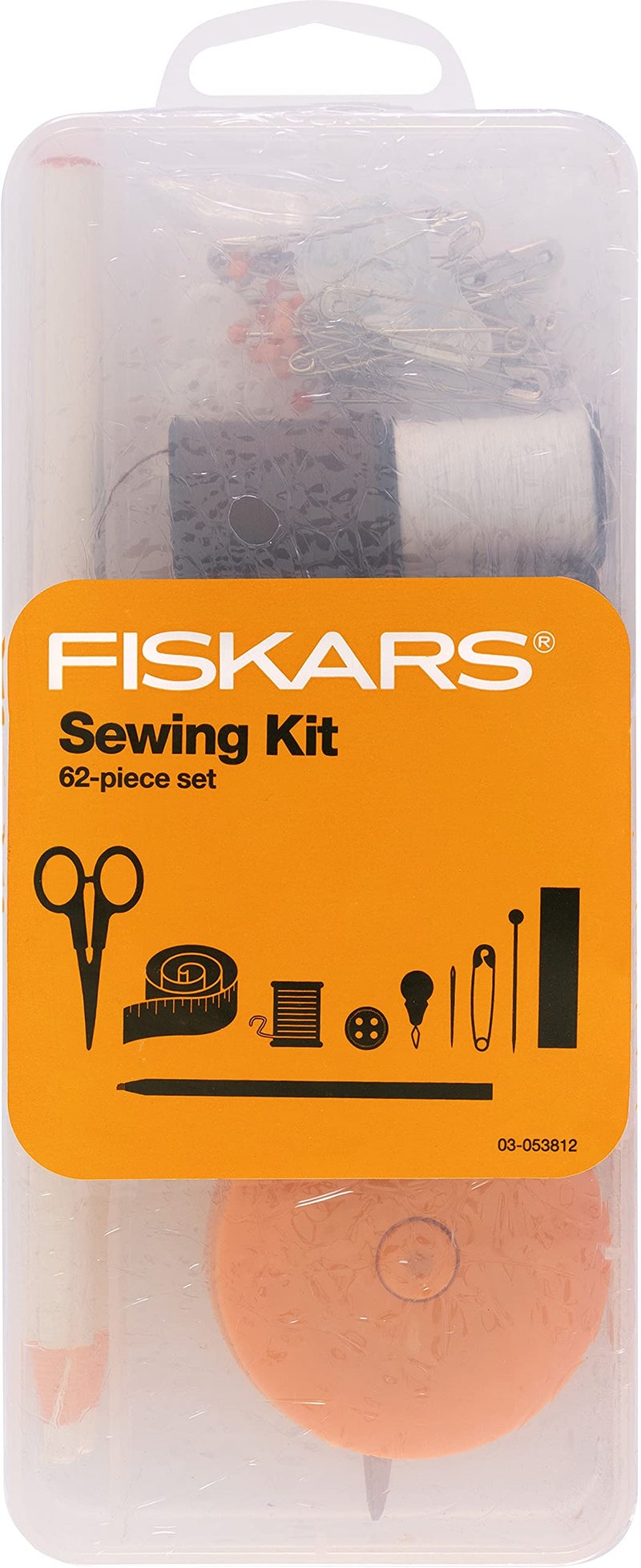 Fiskars Sewing Kit with Scissors Measuring Tape Pins Thread and More 62Piece Sewing Set with Case Craft Supplies Clear