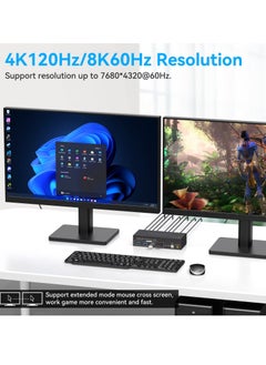 KASTWAVE مفتاح KVM بمنفذ HDMI+Displayport بدقة 8K@60Hz وشاشتين وجهاز كمبيوتر ومفتاح KVM بمنفذ USB 3.0 وشاشتين وجهازين كمبيوتر ومشاركات متعددة للشاشات و4 أجهزة USB ووحدة تحكم سلكية ومحول تيار مستمر وكبلين USB متضمنين  - Image 4