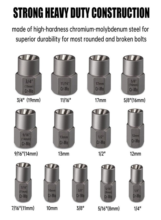 Valkynos Bolt Extractor Kit 13 Pcs, Stripped Bolt Extractor Set, Impact Bolt Nut Removal Tool, Easy Out Remove Rusted, Frozen, Damaged, Rounded-Off Bolt Nut Screw, with Hex Drive, Cr-Mo Steel - Image 2