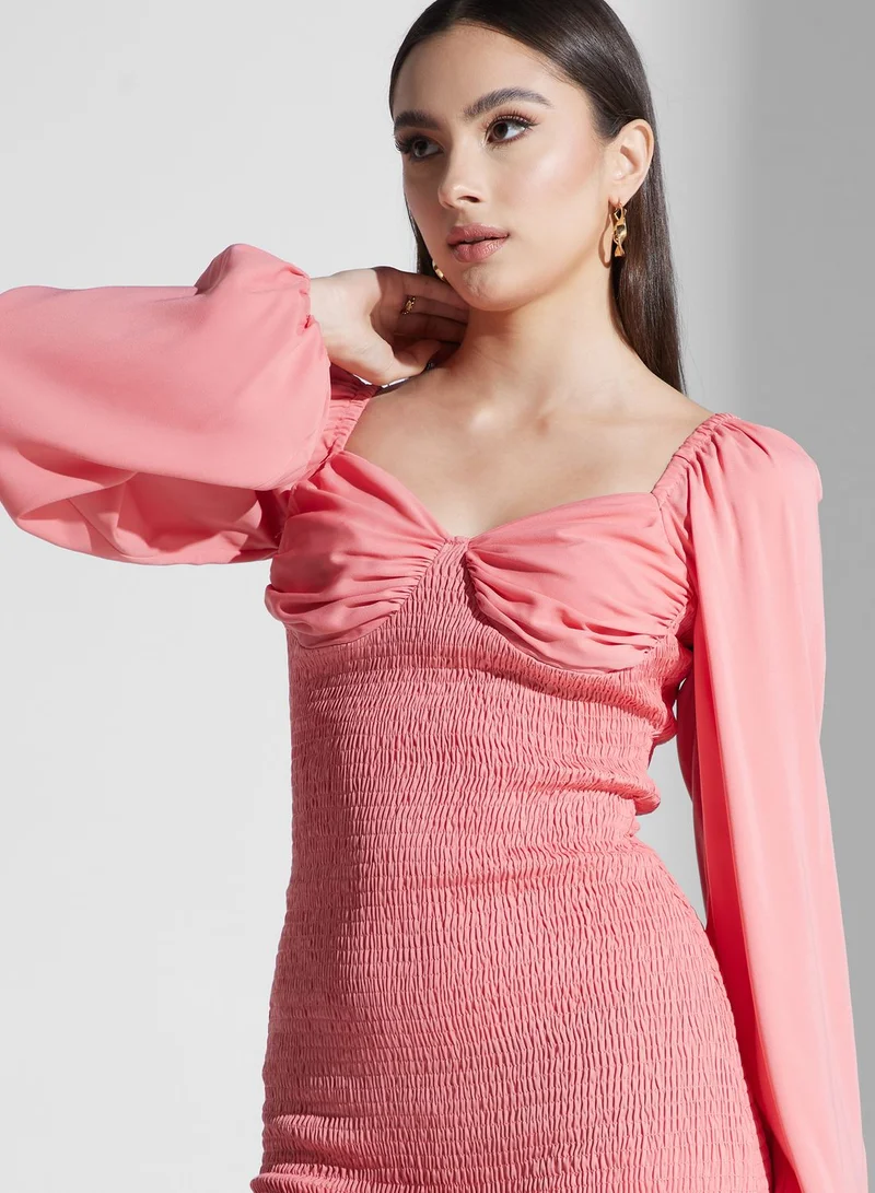 PRETTY LAVISH Shirred Bodice Midi Dress