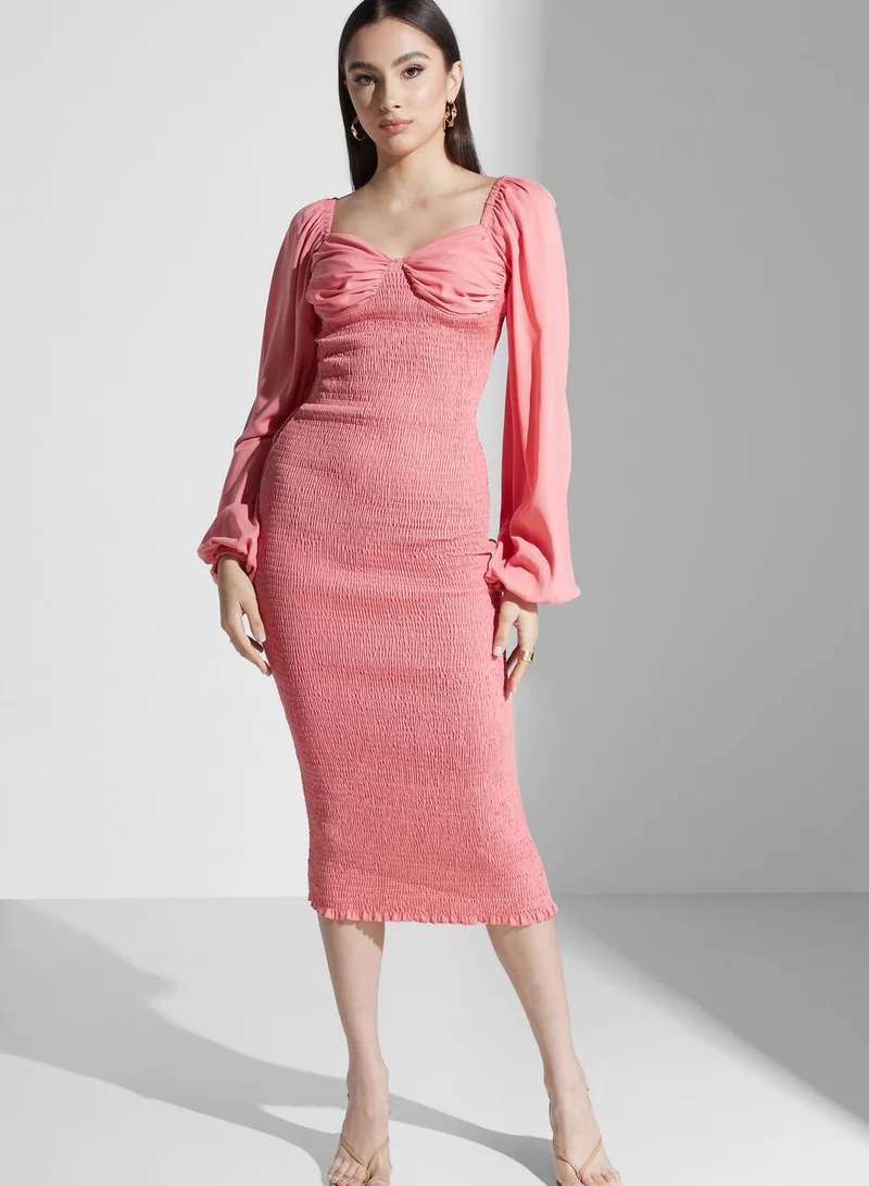 PRETTY LAVISH Shirred Bodice Midi Dress