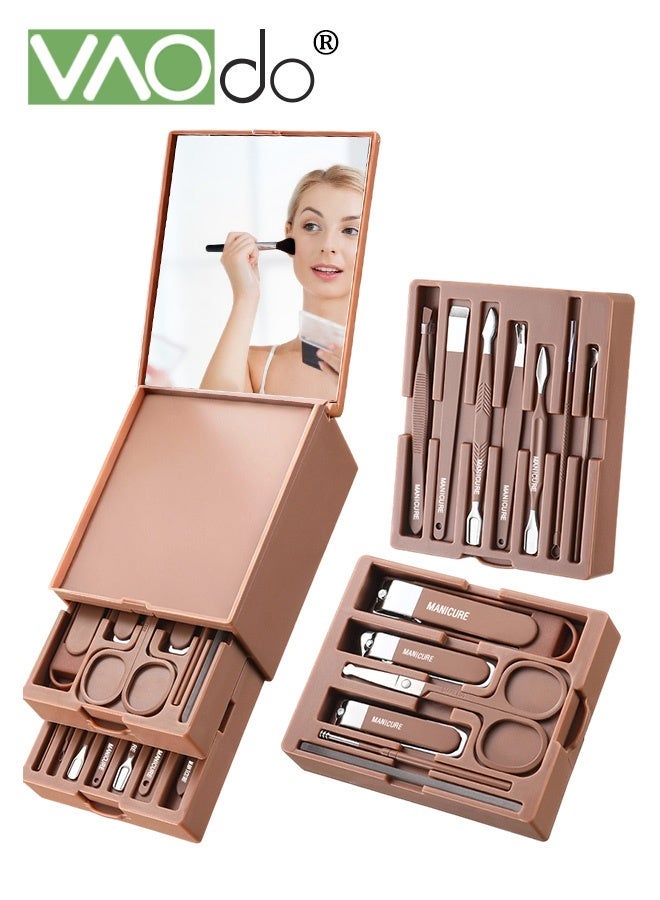 فاو دو مجموعة مانيكير 13 قطعة، مقص أظافر احترافي، مجموعة باديكير، أدوات العناية بالأظافر من الفولاذ المقاوم للصدأ مع تخزين ومرآة للأظافر السميكة للرجال والنساء هدية بنية - Image 1