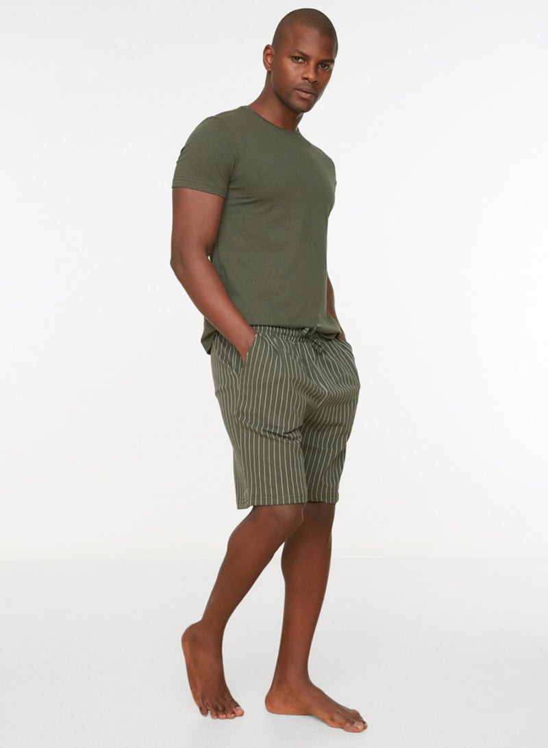 trendyol Khaki Regular Fit Bottom Striped Shorts Pajamas Set - Image 3